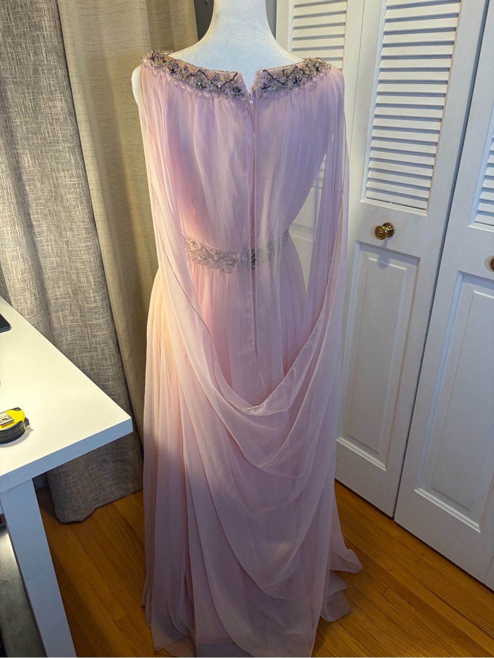 Union Made Vintage One-Shoulder Pale Pink Chiffon Gown with Beaded Embellishment - Picture 12 of 14